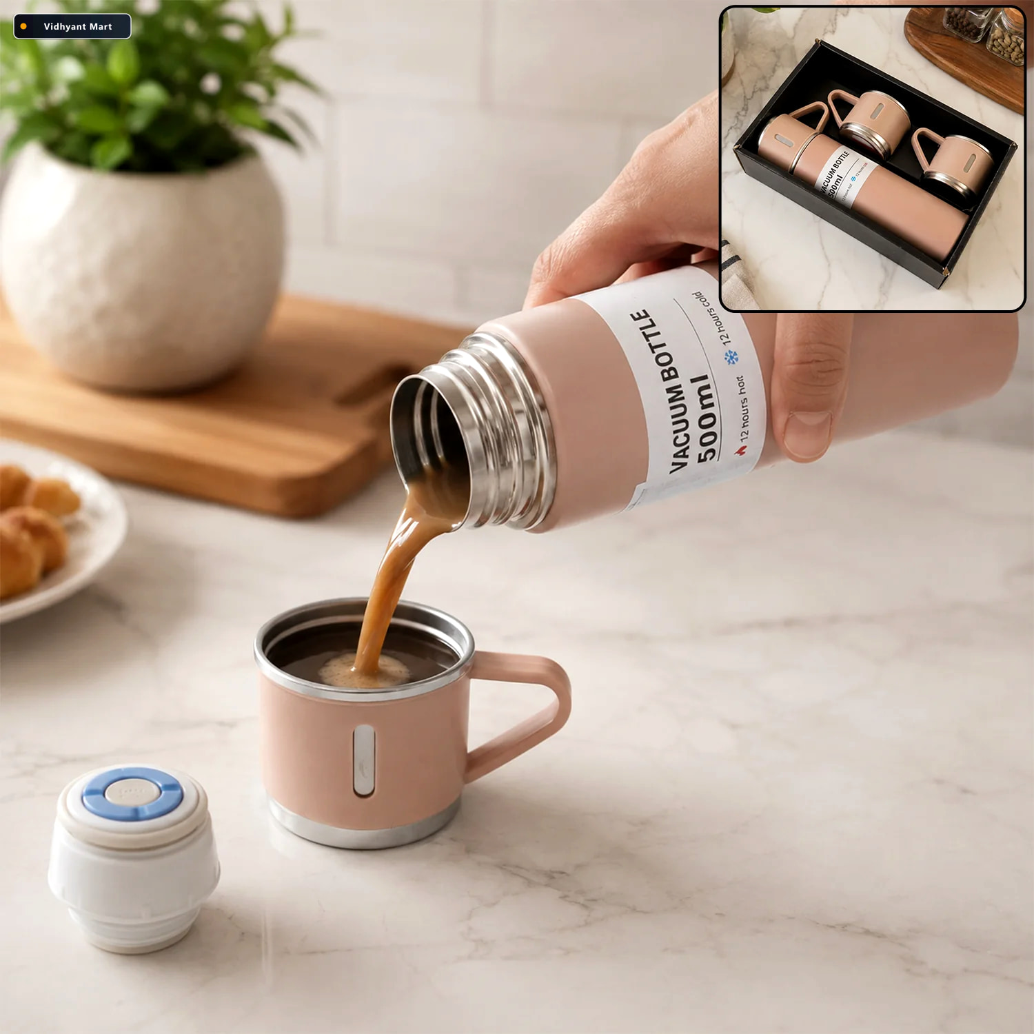 Vidhyant Mart Stainless Steel Vacuum Flask Set Keeps Drinks Hot 1