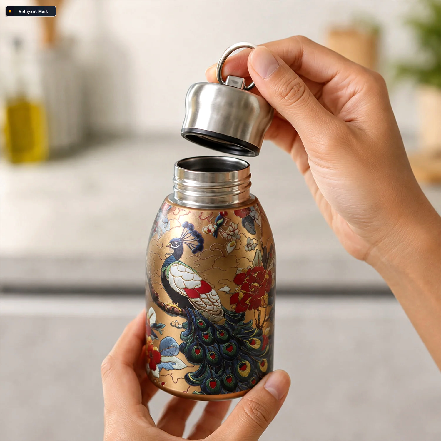 Vidhyant Mart Stainless Steel Vacuum Water Bottle With Peacock P 3