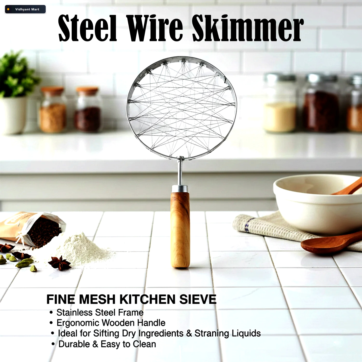 Vidhyant Mart Stainless Steel Wire Skimmer Heat Resistant Wooden 3