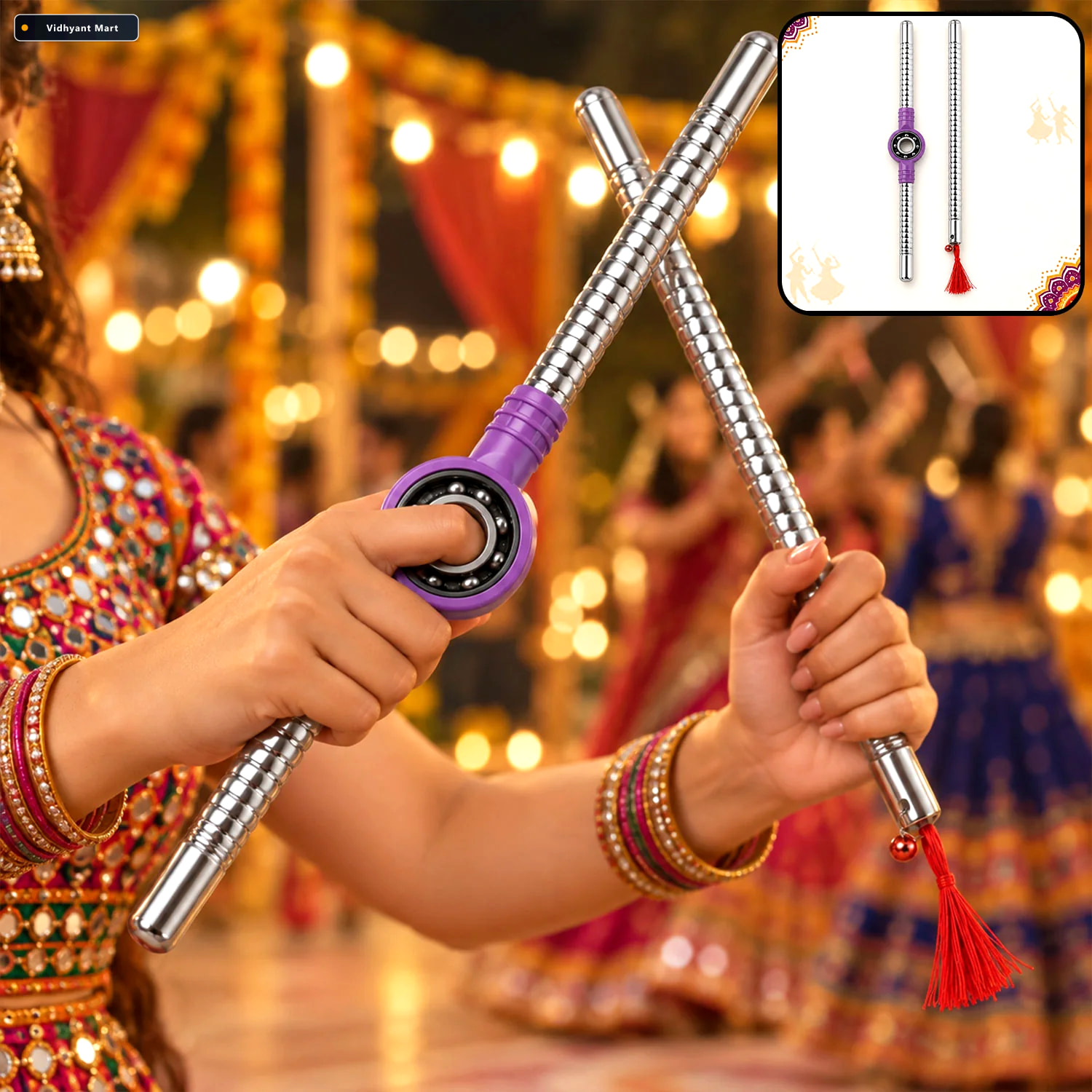 Vidhyant Mart Steel Dandiya Stick Pair With Bearing Center Textu 1