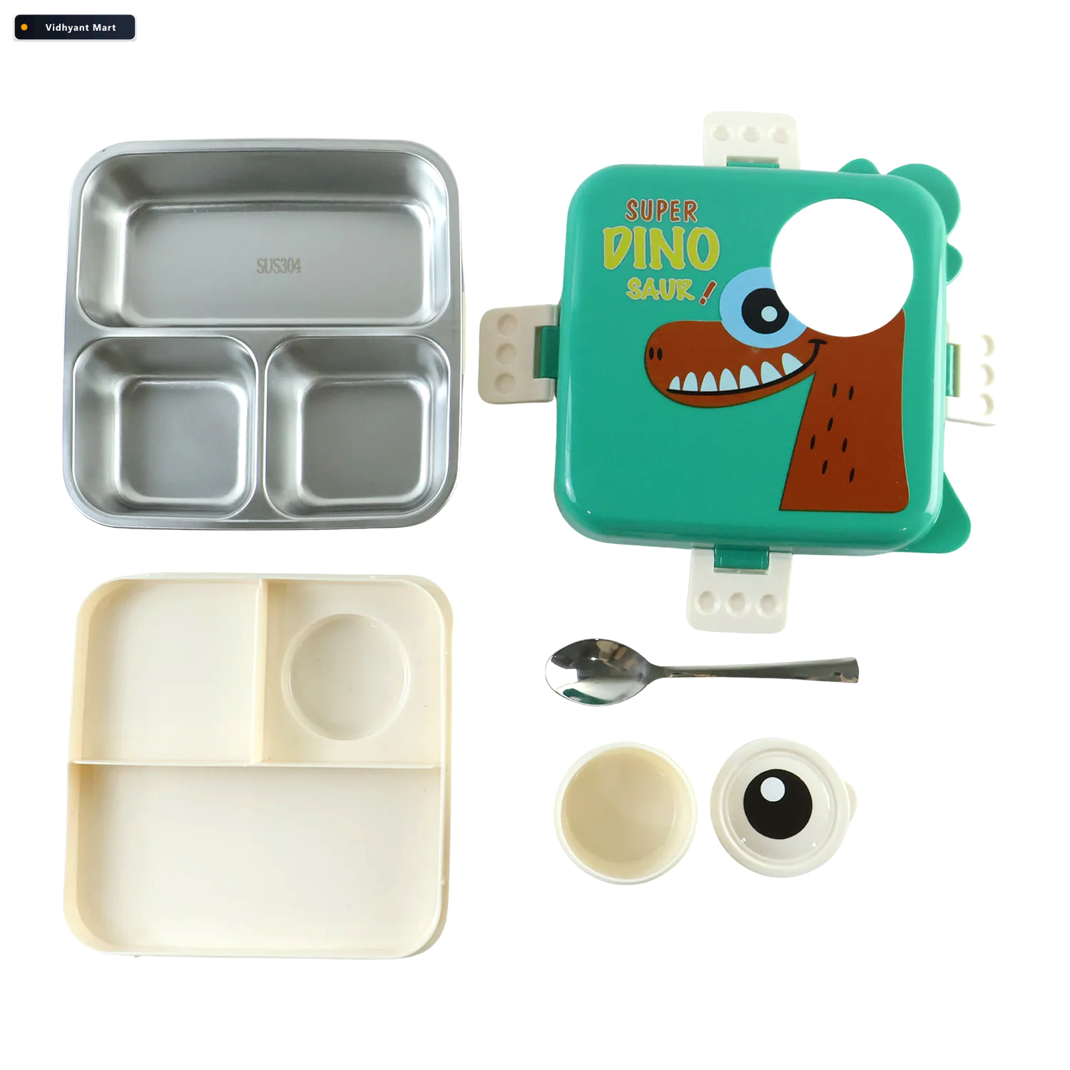 Vidhyant Mart Steel Kids Dinosaur Lunch Box Bento Tiffin With St 3