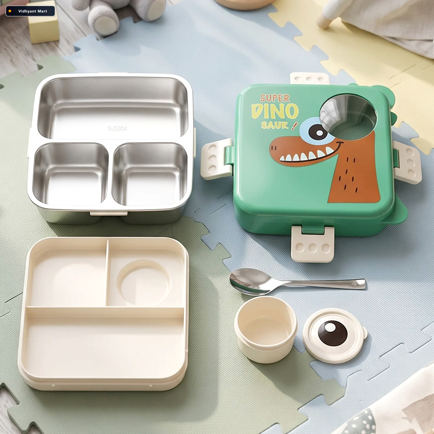 Vidhyant Mart Steel Kids Dinosaur Lunch Box Bento Tiffin With St 4
