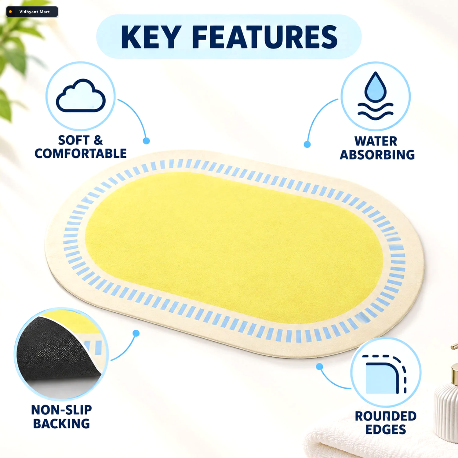 Vidhyant Mart Striped Border Oval Shower Mat Bright Quick Dry Ba 2