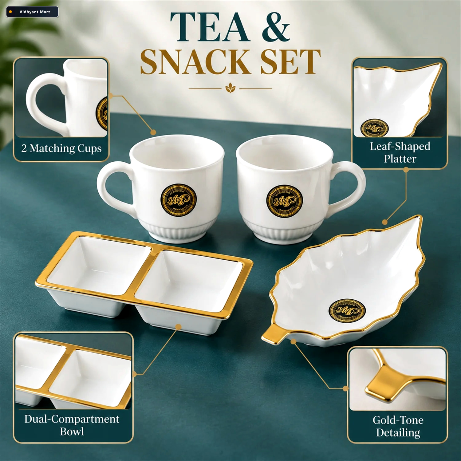 Vidhyant Mart Tea And Snacks Serving Set With Cups Divided Bowl 3