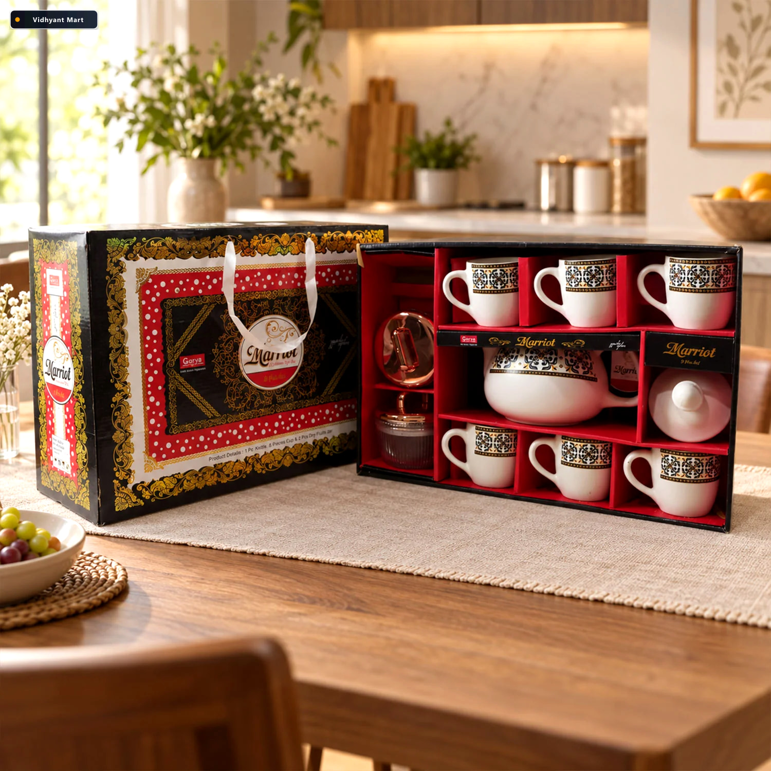Vidhyant Mart Tea Gift Set With Kettle 6 Cups And 2 Dry Fruit Ja 1
