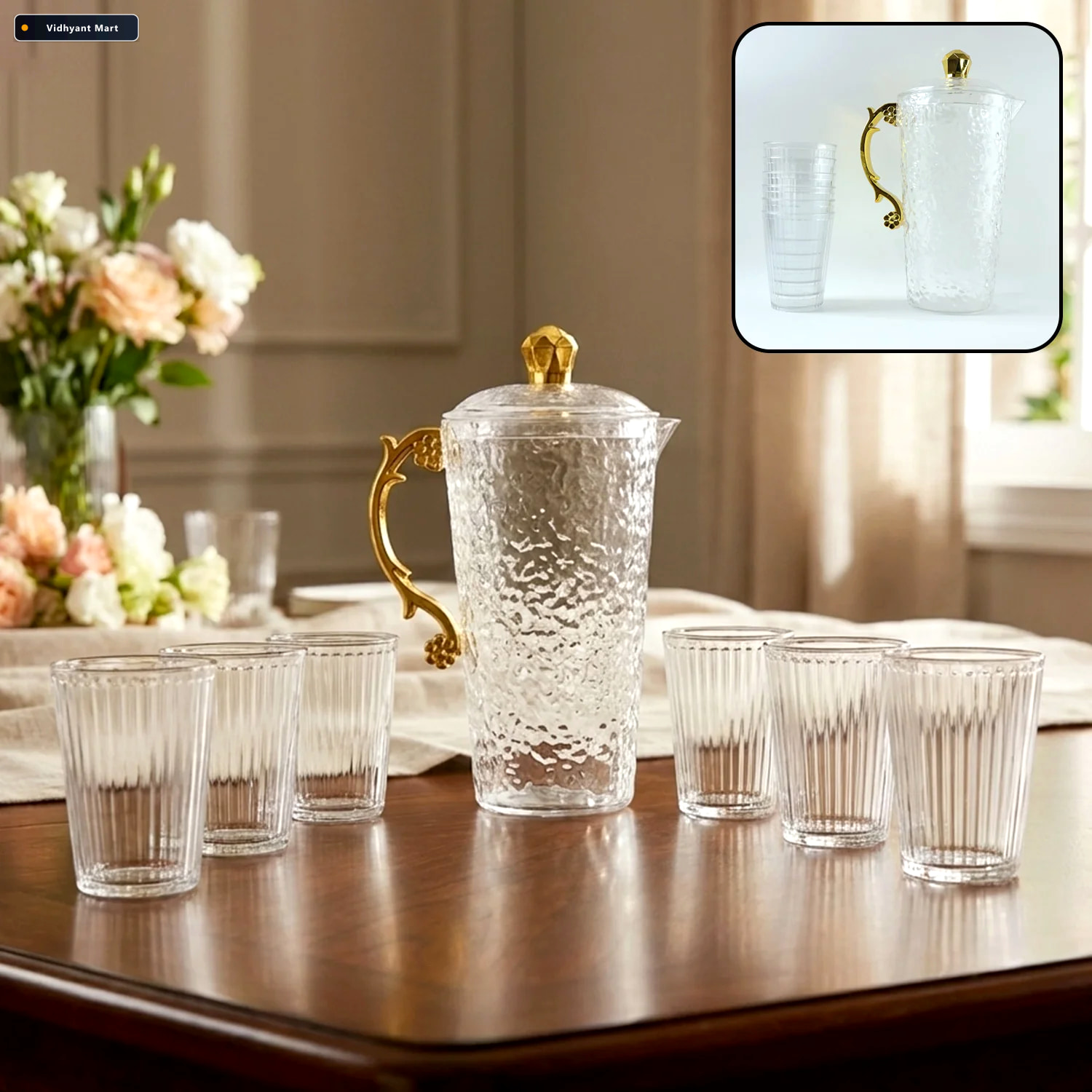 Vidhyant Mart Textured Glass Water Jug Set Elegant 1 Jug With 6 1
