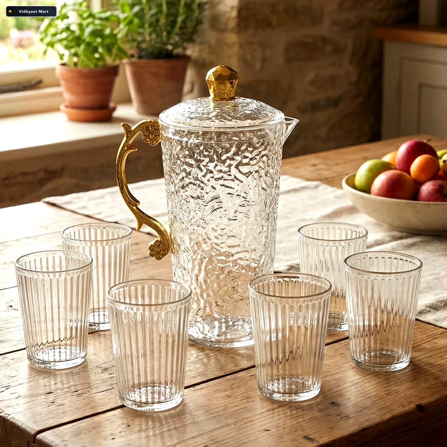 Vidhyant Mart Textured Glass Water Jug Set Elegant 1 Jug With 6 3