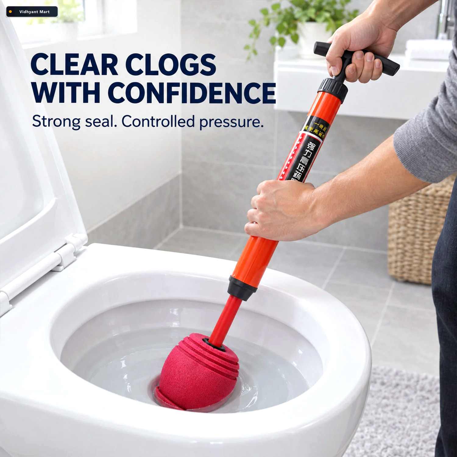 Vidhyant Mart Toilet Drain Unclogging Pump Plunger With T Handle 3
