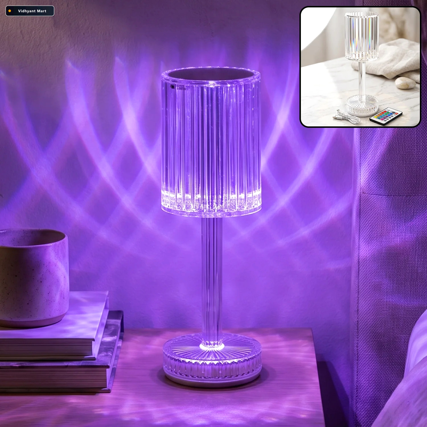 Vidhyant Mart Touch Control Rgb Crystal Led Table Lamp With Remo 1