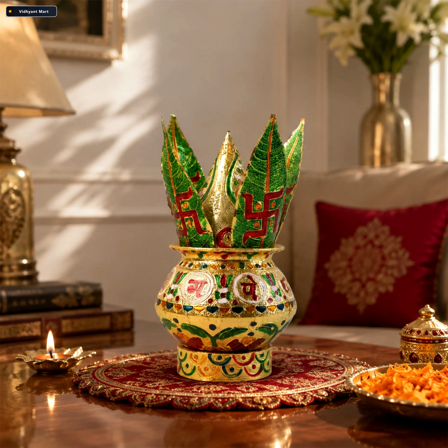 Vidhyant Mart Traditional Pooja Kalash With Ornate Lotus Crown D 2