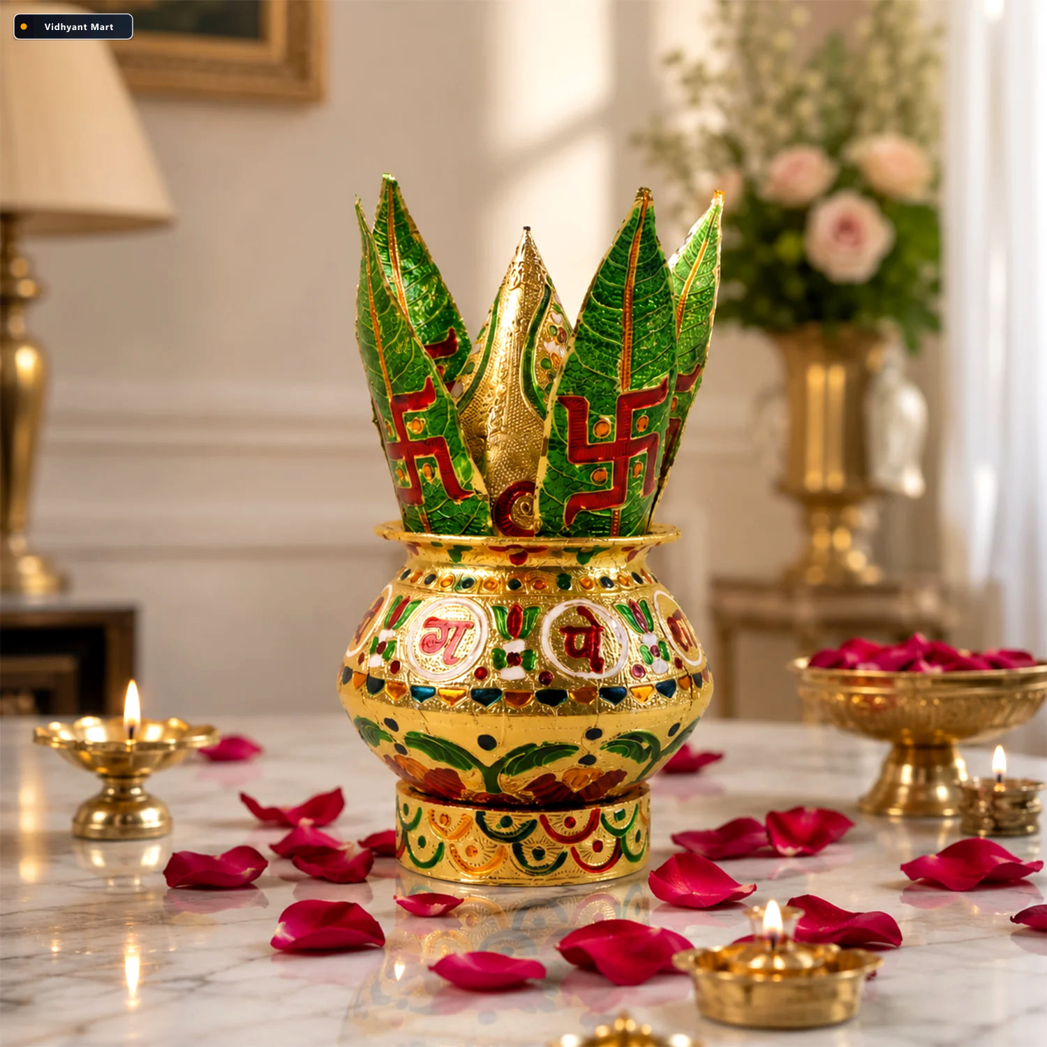 Vidhyant Mart Traditional Pooja Kalash With Ornate Lotus Crown D 3