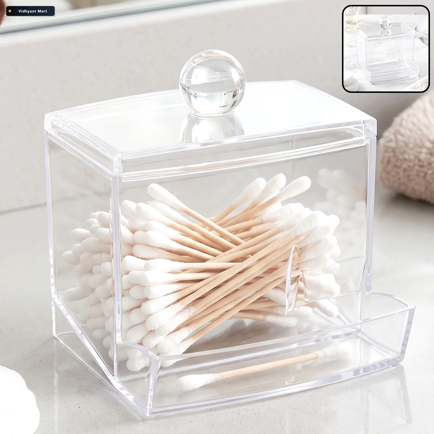 Vidhyant Mart Transparent Acrylic Cotton Swab Organizer With Lid 1