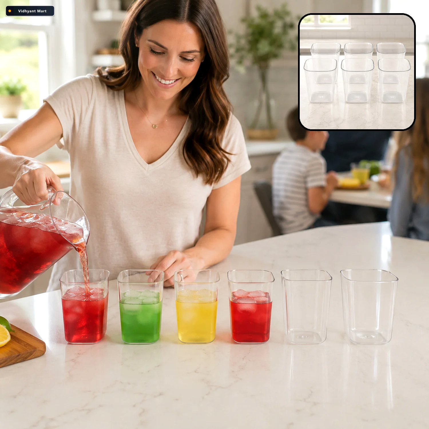 Vidhyant Mart Transparent Diamond Plastic Glass Set 6 Pieces Wit 1