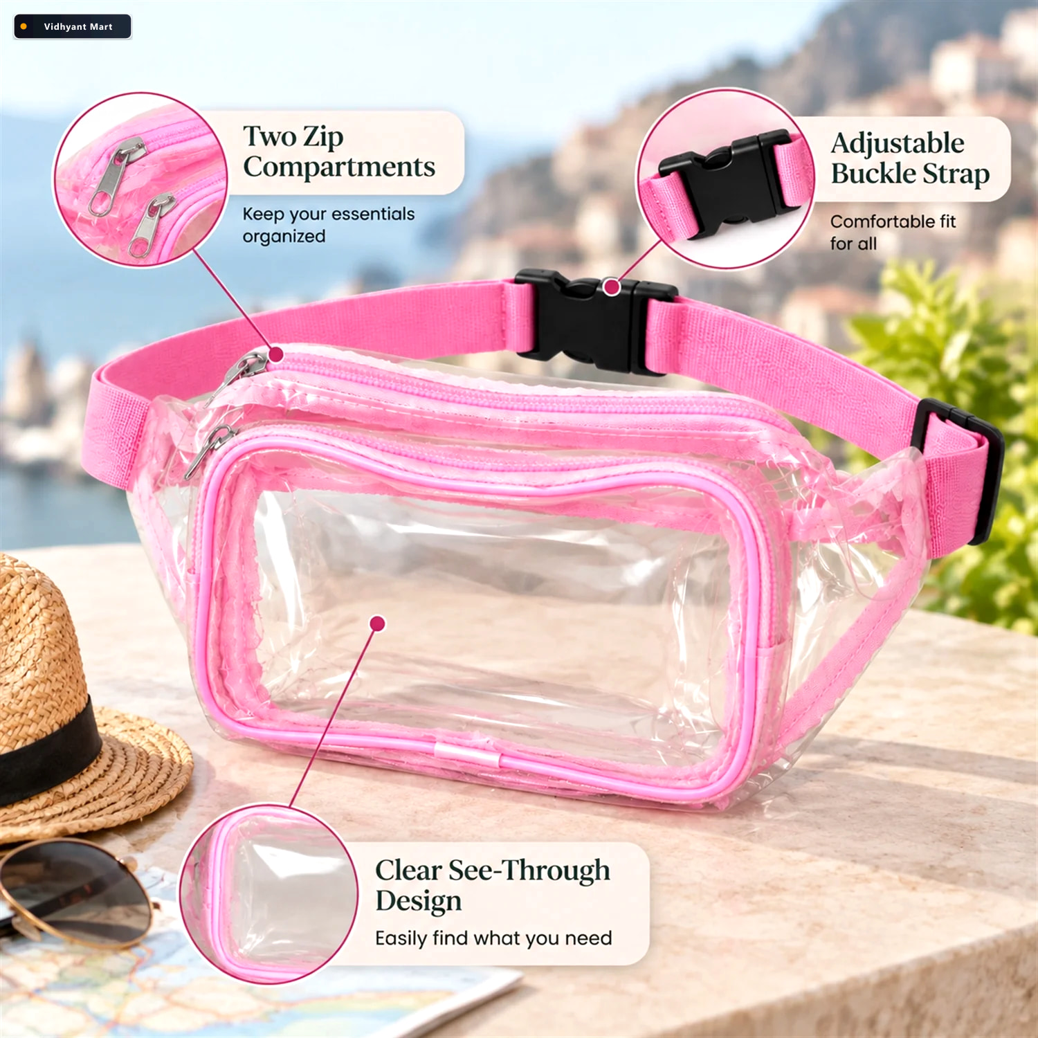 Vidhyant Mart Transparent Pvc Waist Bag With Two Zip Pockets And 3
