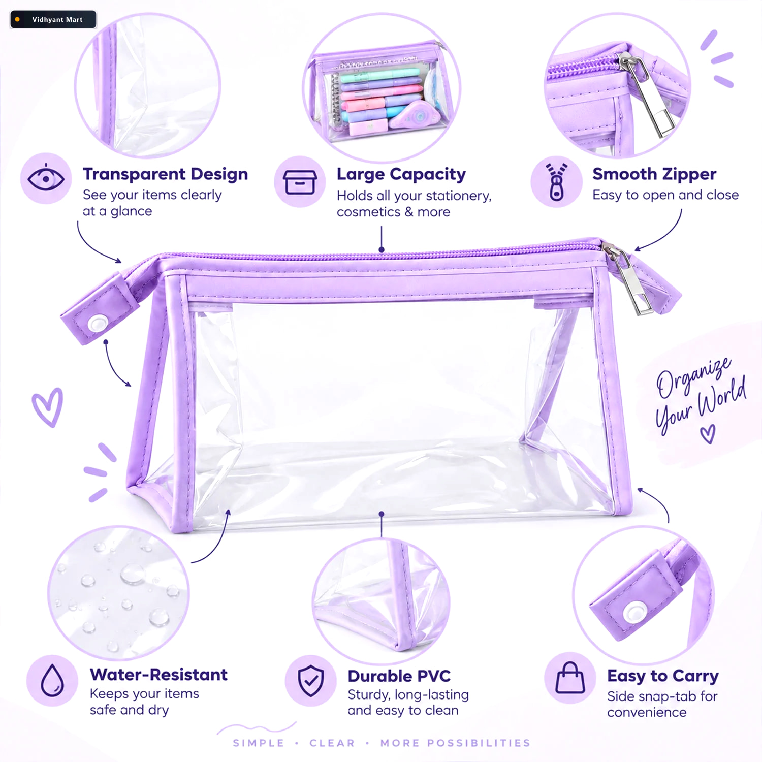 Vidhyant Mart Transparent Pvc Zipper Pouch With Purple Trim For 3