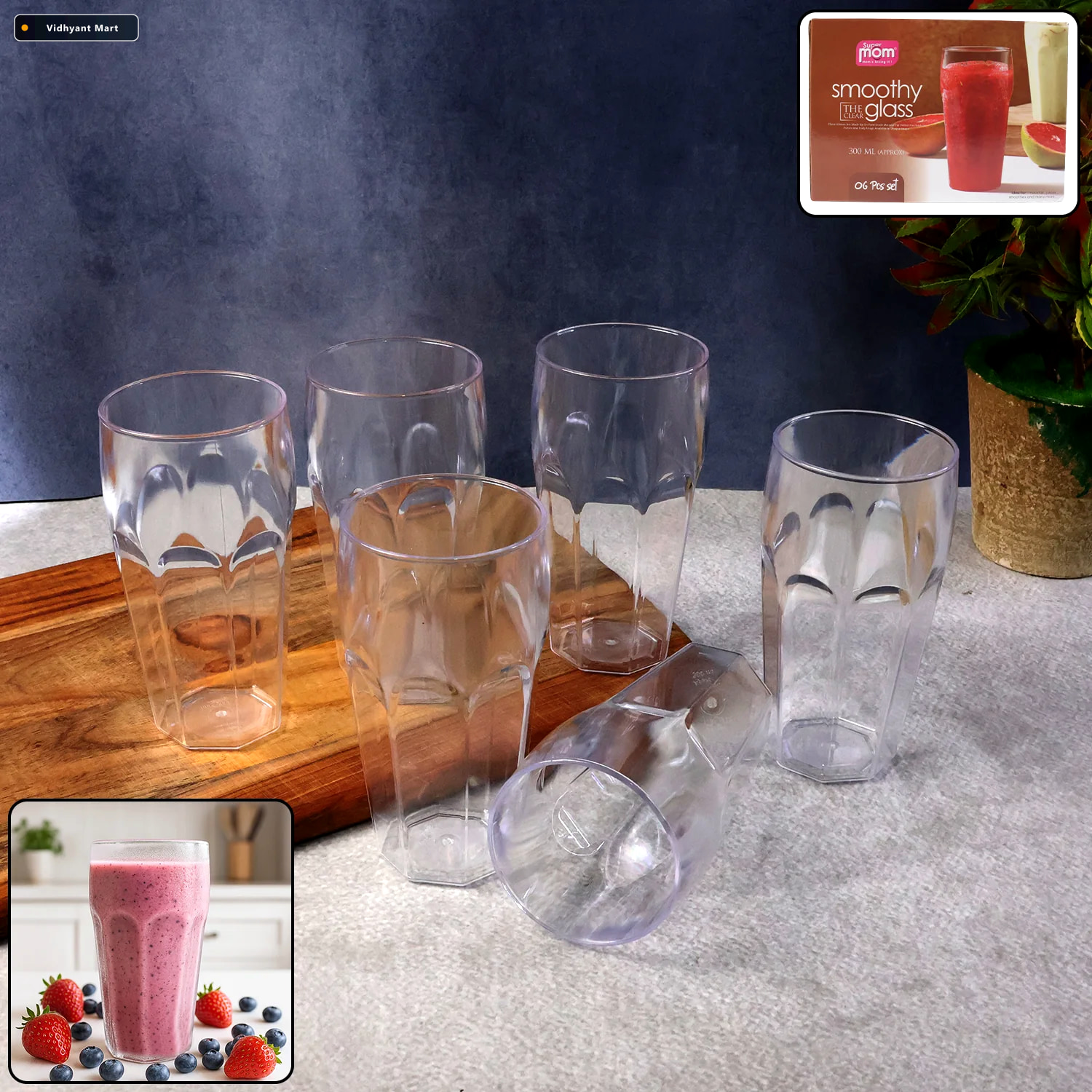 Vidhyant Mart Transparent Smoothie Glass Set 6 Durable 300ml Tum 3