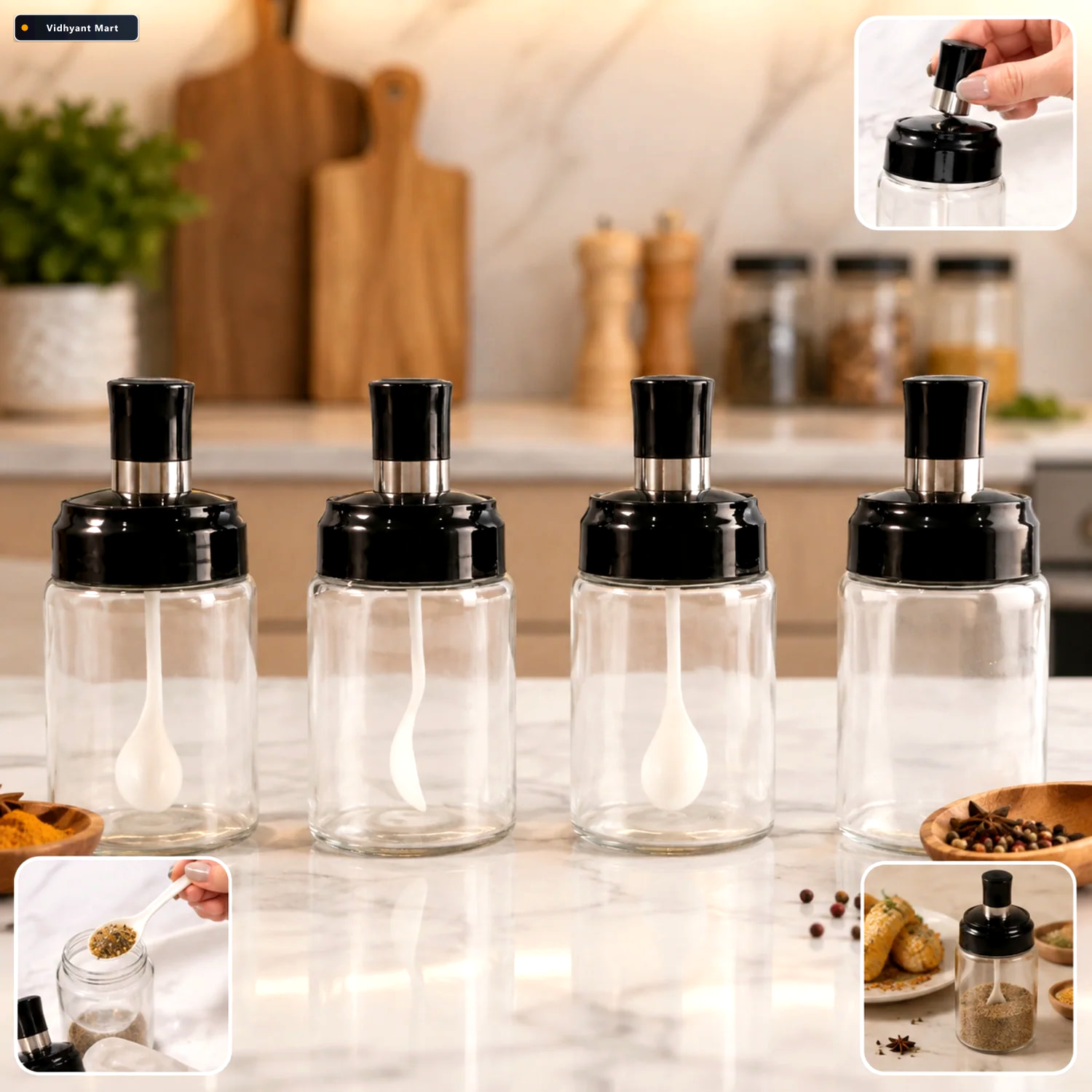 Vidhyant Mart Transparent Spice Jar Set With Spoon Airtight 4 Pc 1