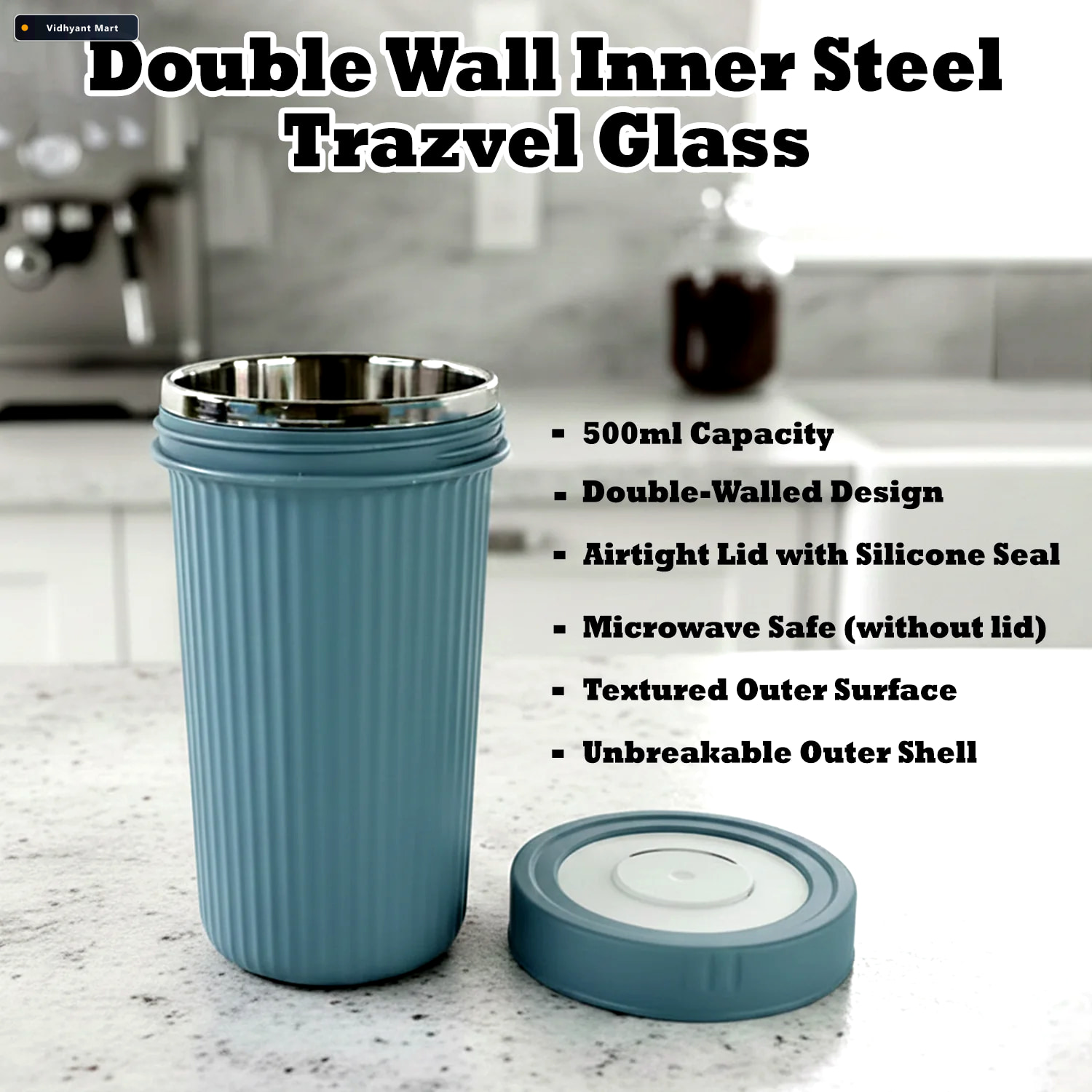 Vidhyant Mart Travel Glass 500ml Double Wall Steel With Airtight 3