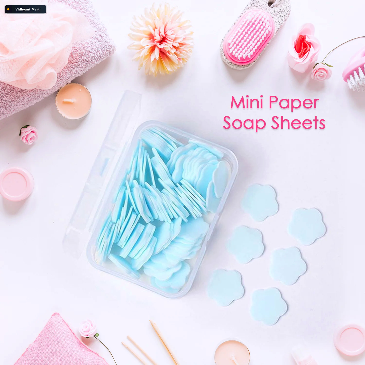 Vidhyant Mart Travel Soap Sheets 100 Flower Shaped Velvetbubbles 1