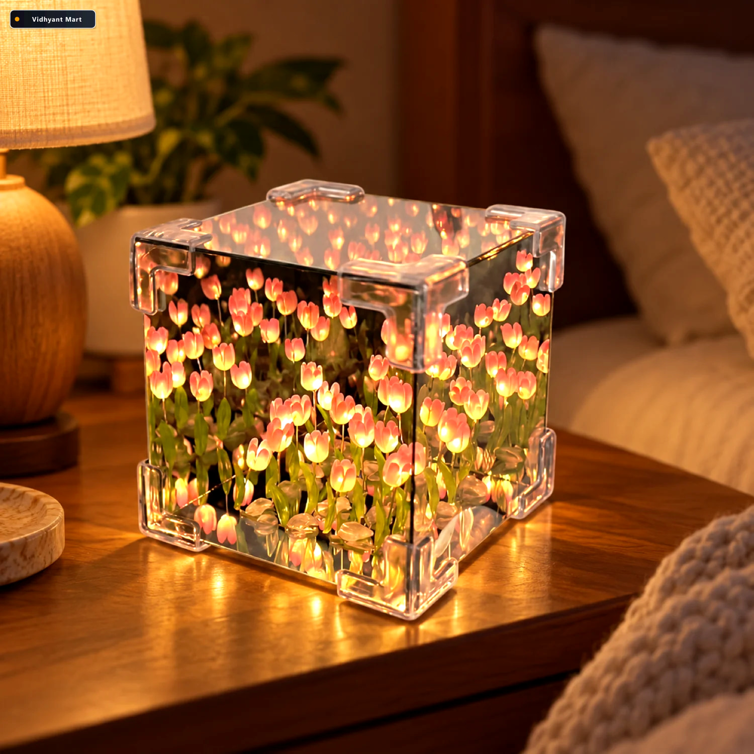 Vidhyant Mart Tulip Flower Led Cube Night Lamp Warm Ambient Deco 1