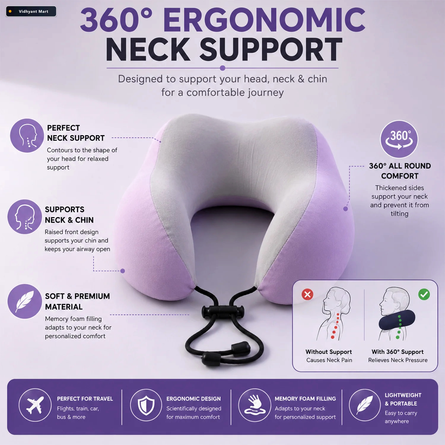 Vidhyant Mart U Shaped Travel Neck Pillow With Ergonomic Support 2