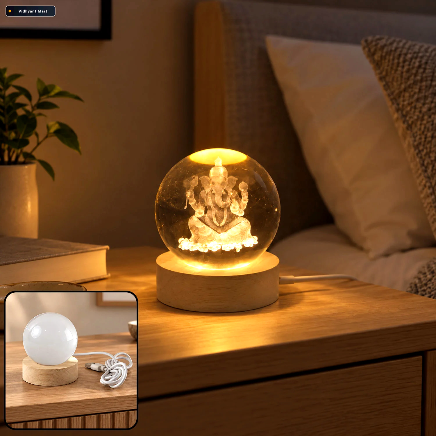 Vidhyant Mart Usb Powered Ganpati Crystal Ball Led Lamp With Woo 1