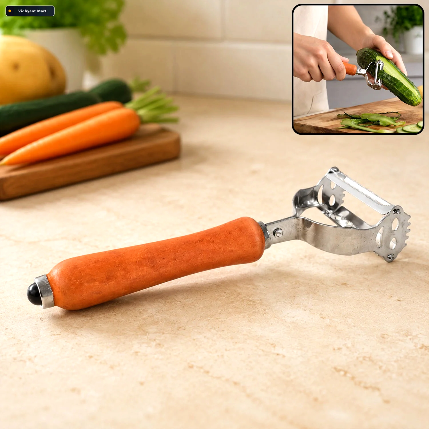 Vidhyant Mart Vegetable Peeler With Wooden Handle Sharp Steel Bl 1