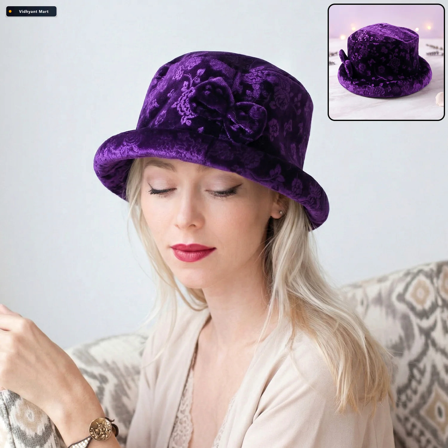 Vidhyant Mart Velvet Floral Bucket Hat Elegant Winter Accessory 1
