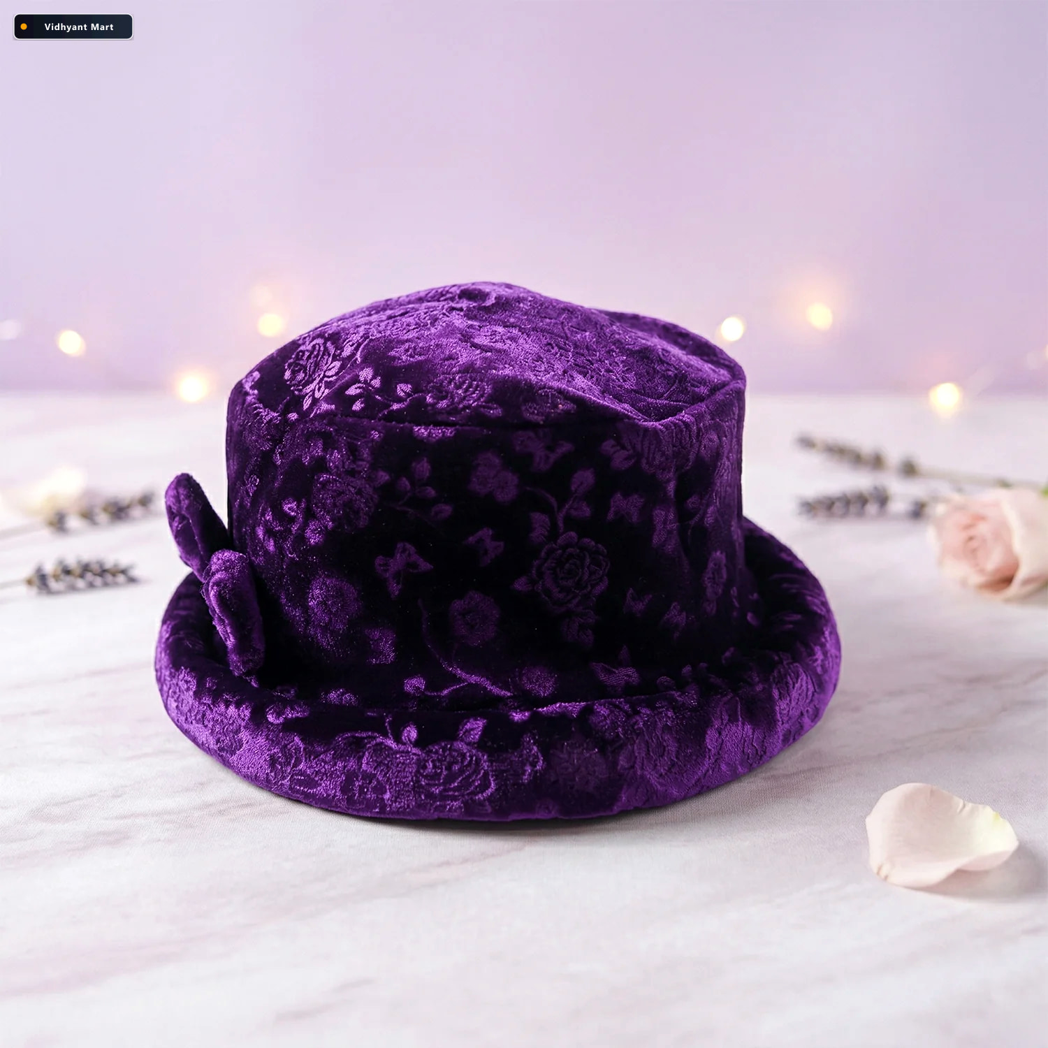 Vidhyant Mart Velvet Floral Bucket Hat Elegant Winter Accessory 4