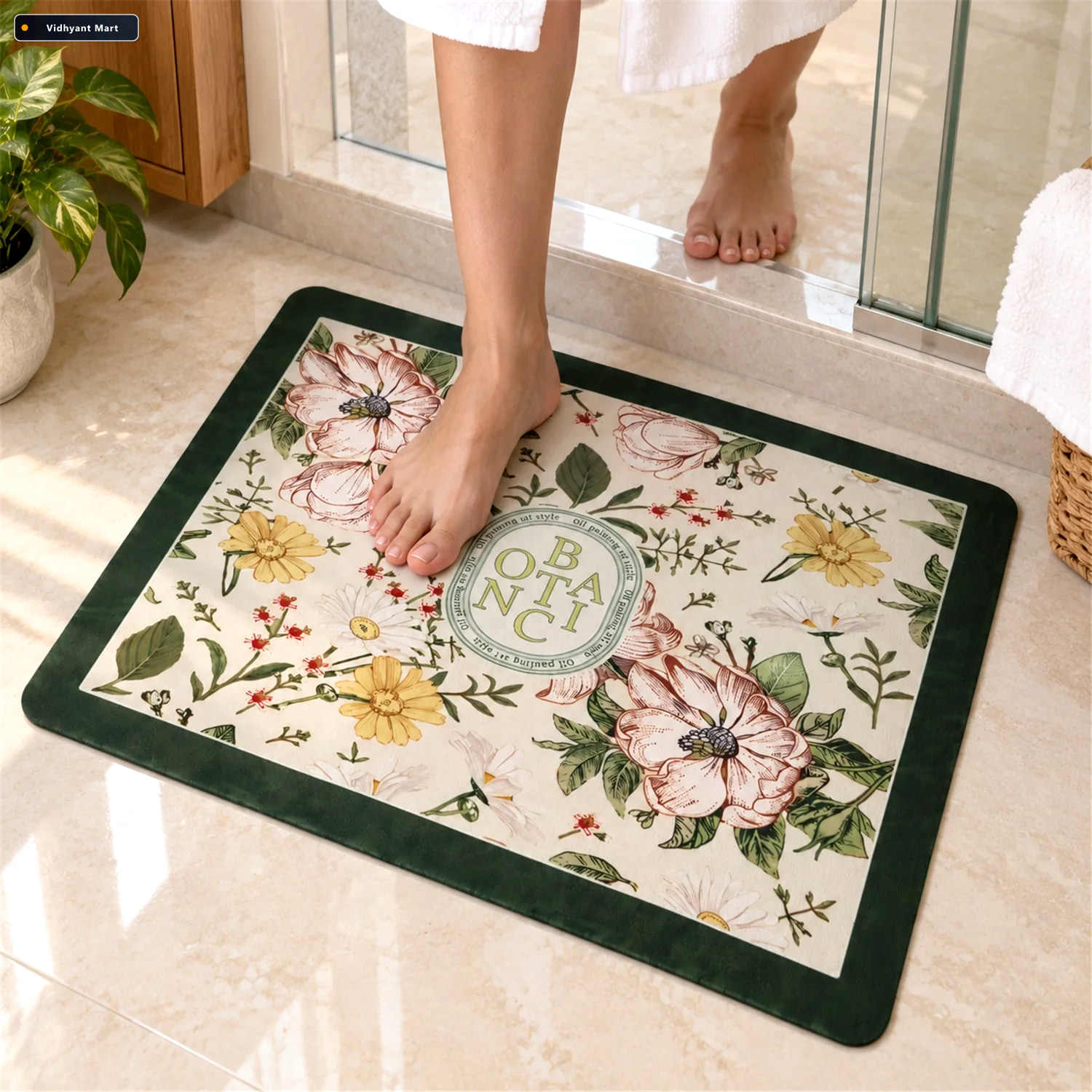Vidhyant Mart Vintage Floral Garden Bath Mat Green Border Absorb 1