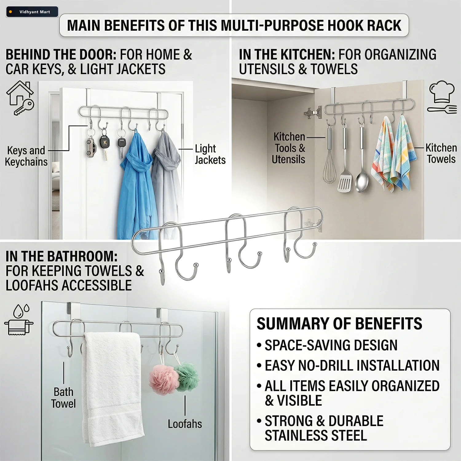 Vidhyant Mart Wall Mounted Metal Hook Rack Sleek Heavy Duty Orga 3