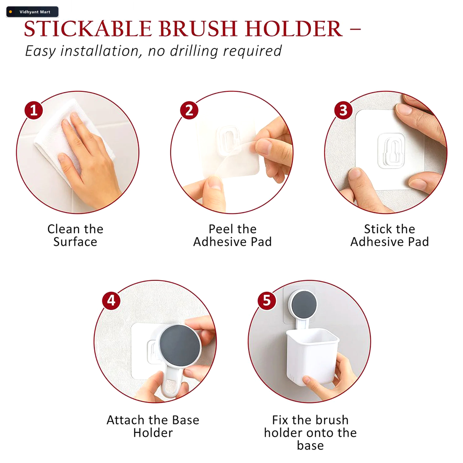 Vidhyant Mart Wall Mounted Toothbrush Holder No Drill Space Savi 2