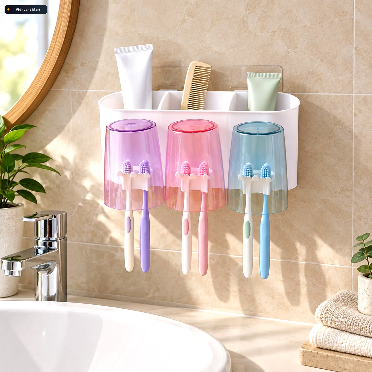 Vidhyant Mart Wall Mounted Toothbrush Holder With 3 Cups And Bat 1