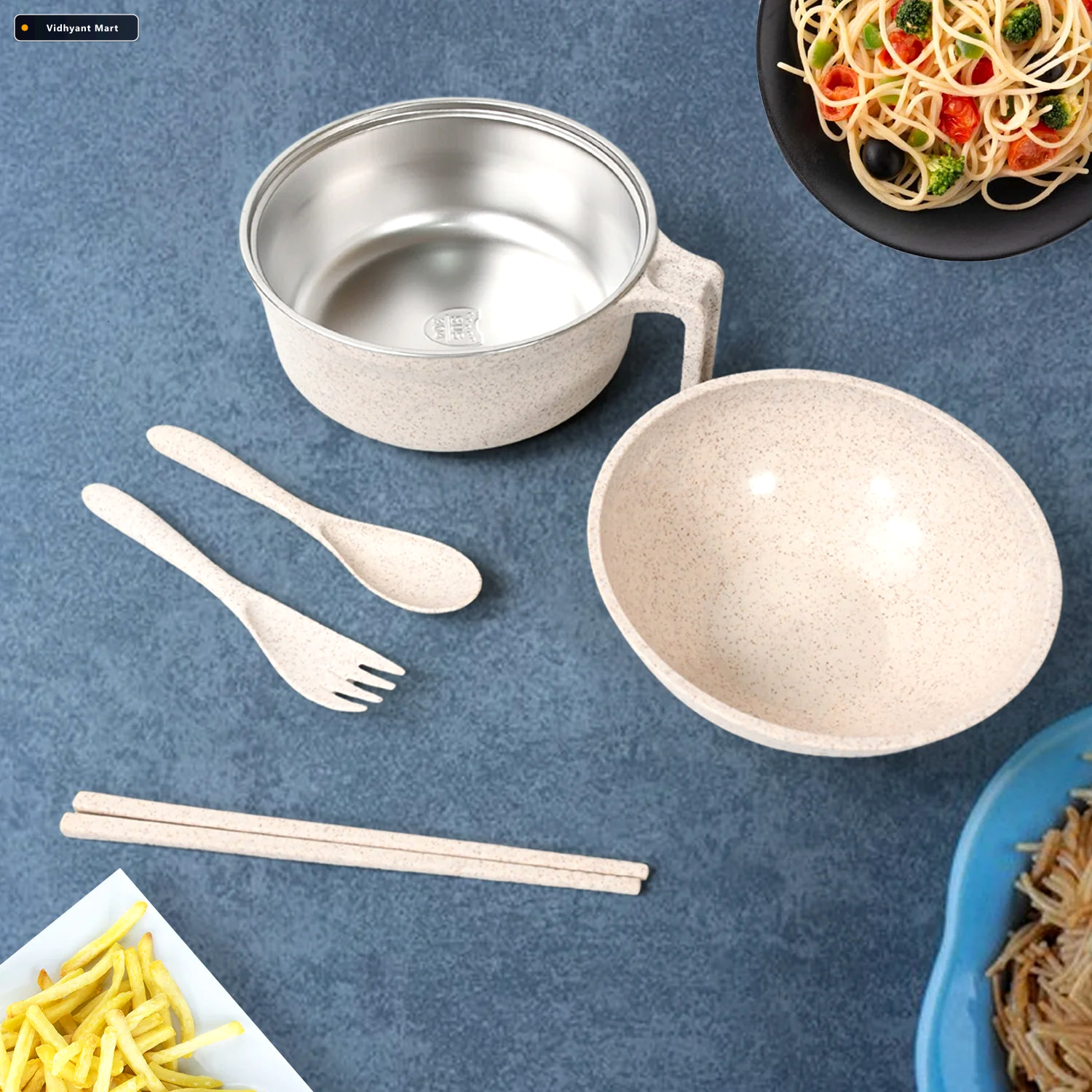Vidhyant Mart Wheat Straw Rice Bowl Set 6 Pcs Lid Cutlery Jiaqi 3
