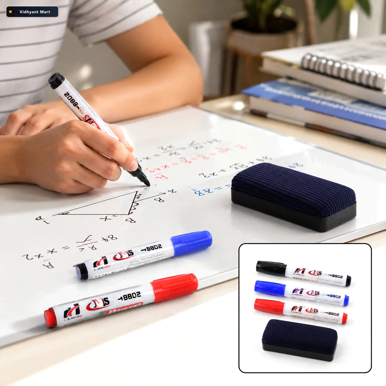 Vidhyant Mart Whiteboard Marker Set Smooth Vivid Ink With Duster 1