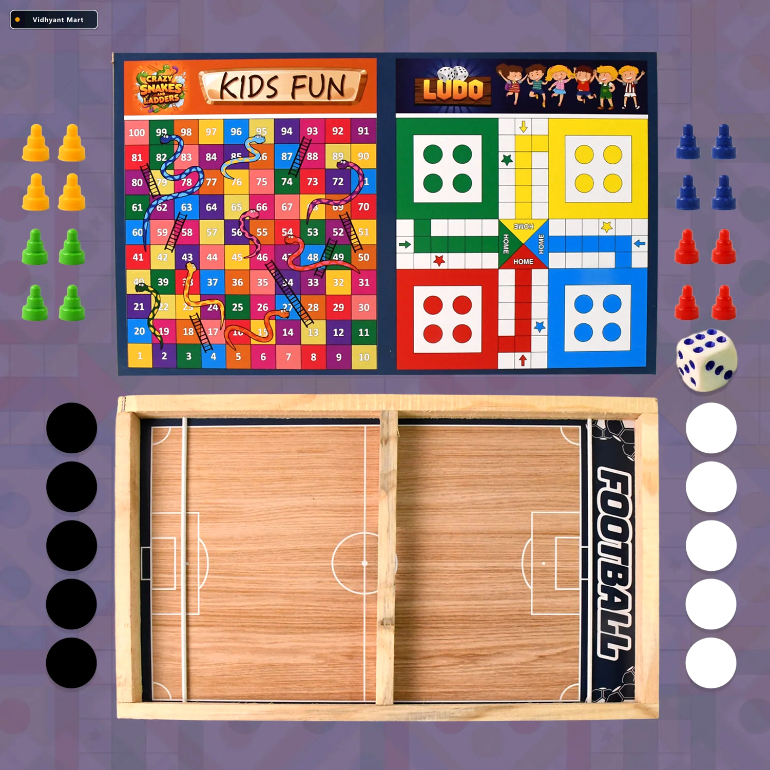 Vidhyant Mart Wooden Board Game Set 3 In 1 Durable Foldable Fun 1