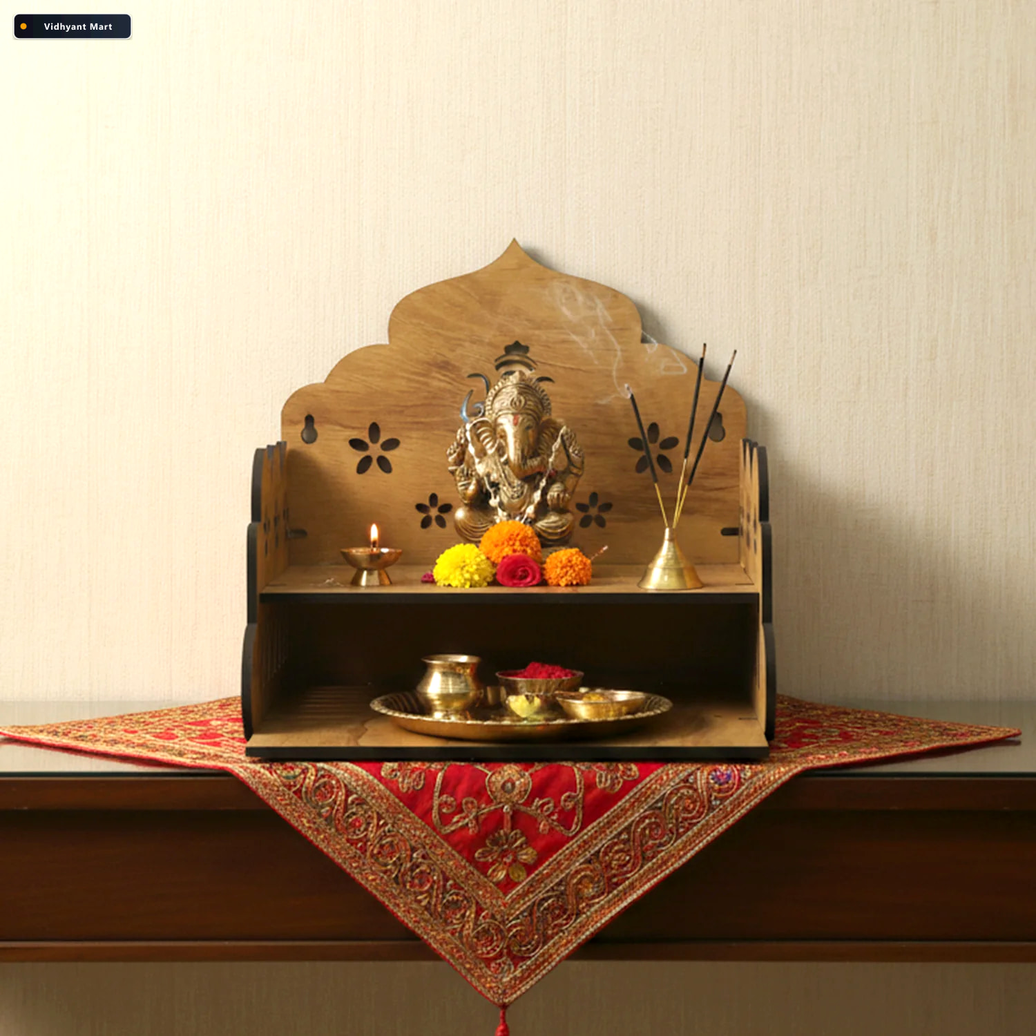 Vidhyant Mart Wooden Home Mandir Temple Style Pooja Stand With L 2
