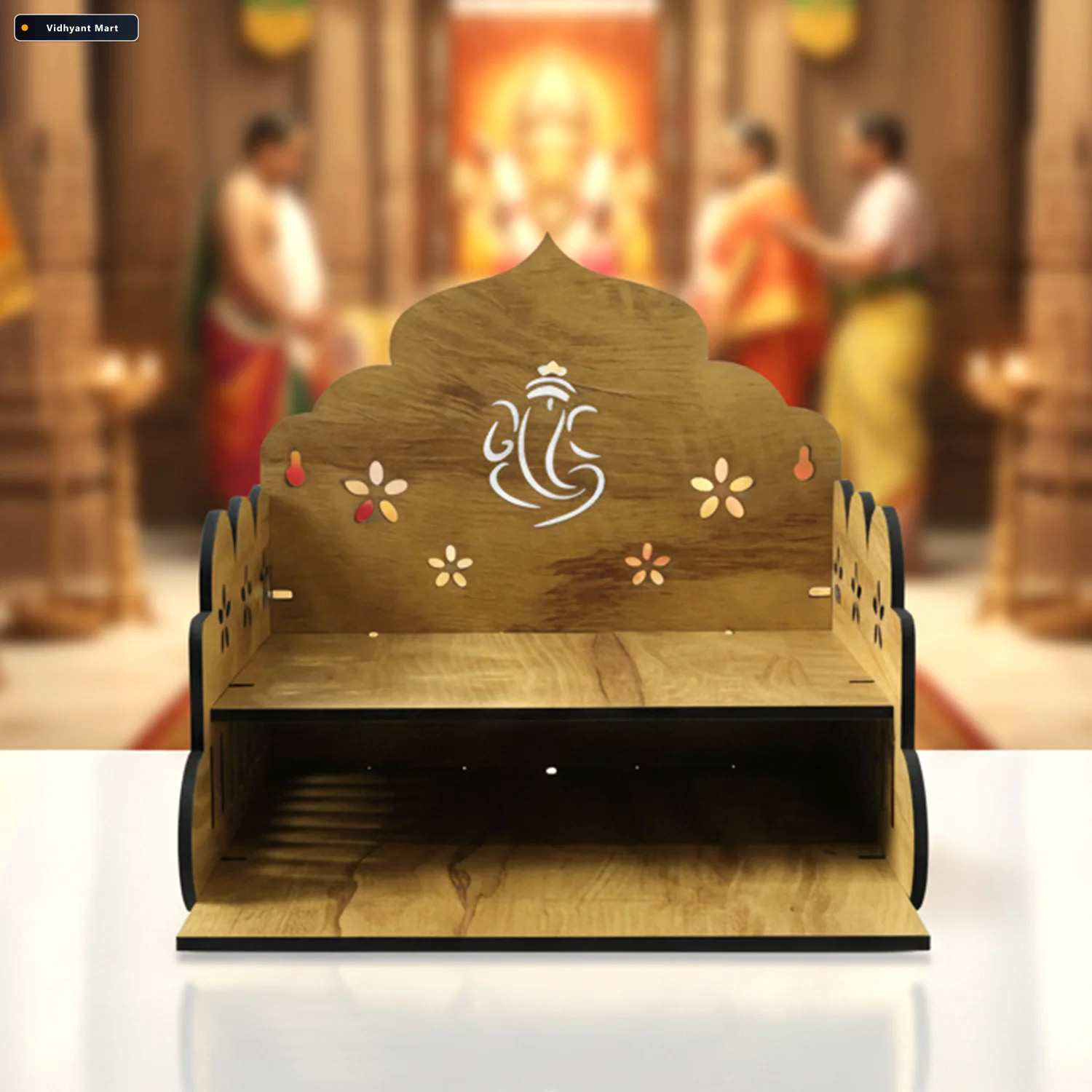 Vidhyant Mart Wooden Home Mandir Temple Style Pooja Stand With L 3