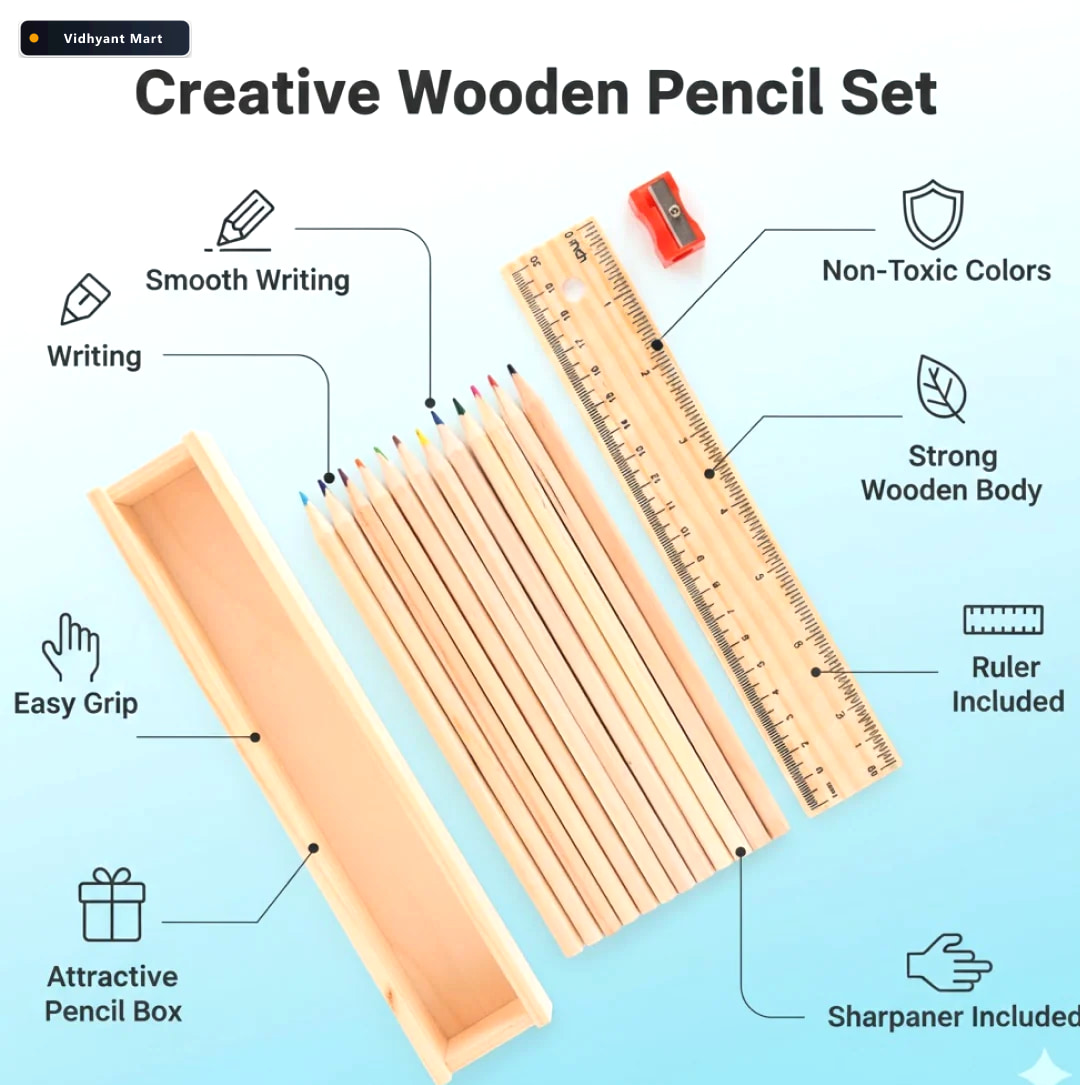 Vidhyant Mart Wooden Pencil Set 12 Pcs With Box Sharpener Tinytr 2